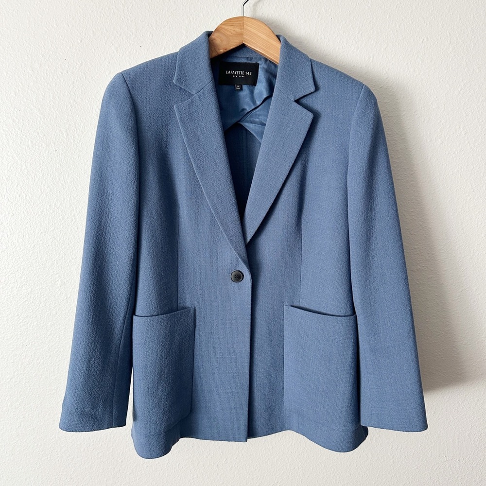 Lafayette 148 New York 100% Wool Crepe Cornflower Blue Blazer Jacket Size‎ 8